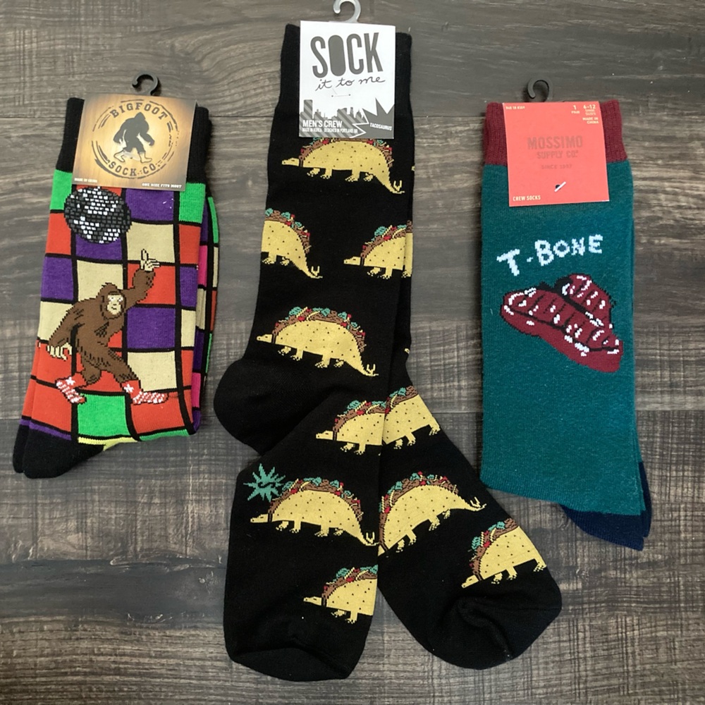 Assorted Novelty Socks Men's Size 6-12 Jurassic Dino Tacos, Big Foot, T-Bone